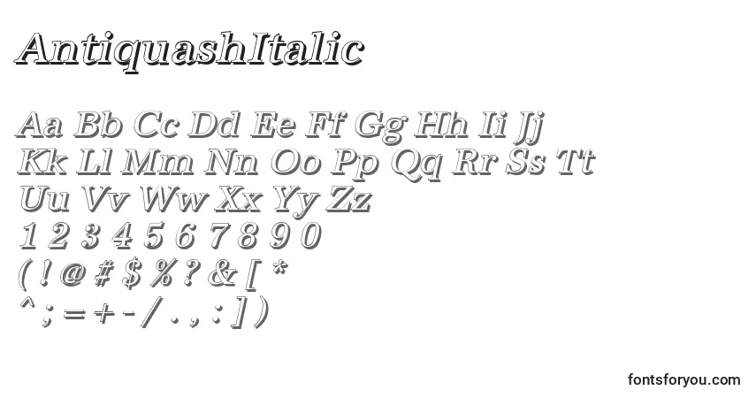 Czcionka AntiquashItalic – alfabet, cyfry, specjalne znaki