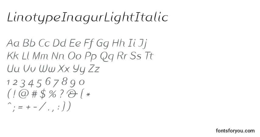 Шрифт LinotypeInagurLightItalic – алфавит, цифры, специальные символы