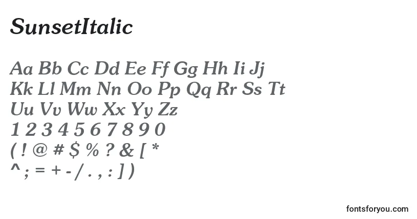 Fuente SunsetItalic - alfabeto, números, caracteres especiales