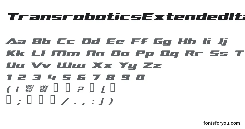 Czcionka TransroboticsExtendedItalic – alfabet, cyfry, specjalne znaki