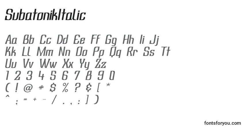 Schriftart SubatonikItalic – Alphabet, Zahlen, spezielle Symbole