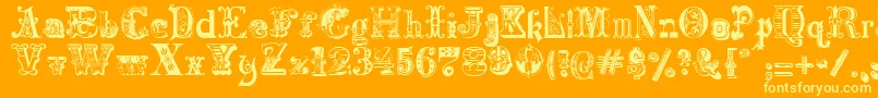 Harlequinade-Schriftart – Gelbe Schriften auf orangefarbenem Hintergrund