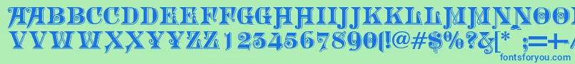 Fonte Morgantwentynine – fontes azuis em um fundo verde