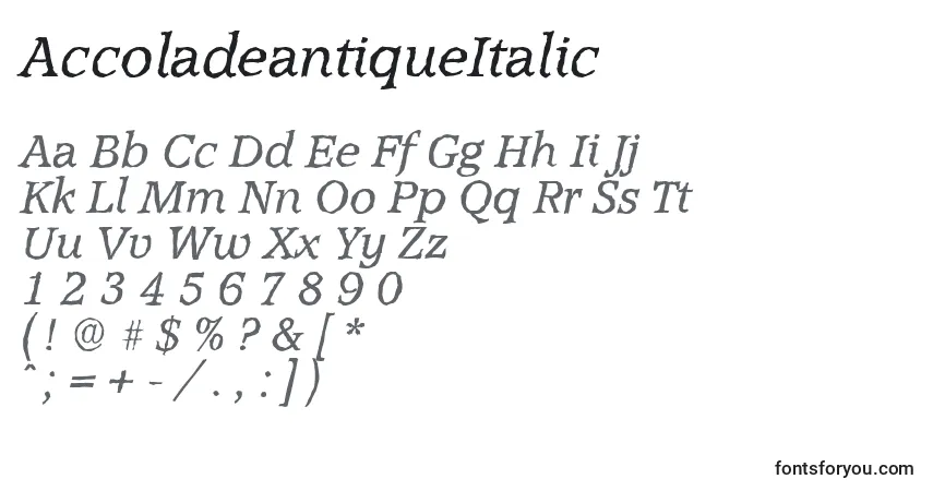 Шрифт AccoladeantiqueItalic – алфавит, цифры, специальные символы