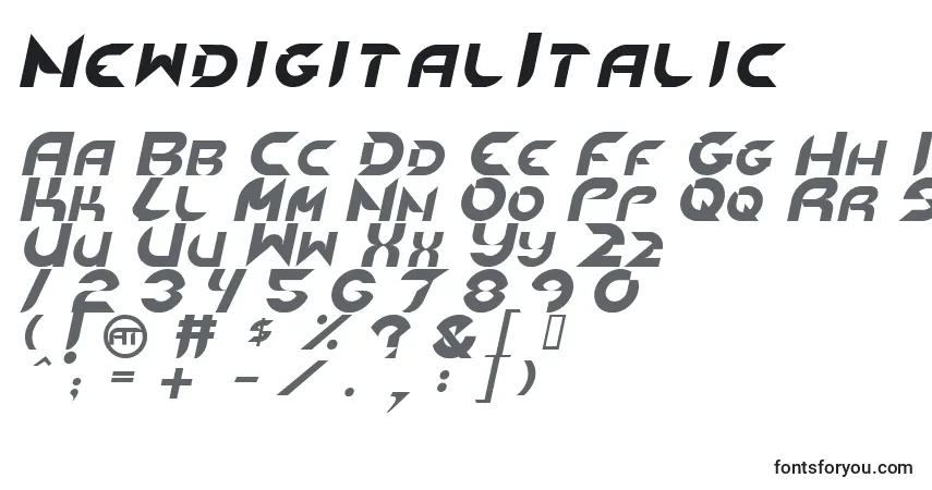 A fonte NewdigitalItalic – alfabeto, números, caracteres especiais