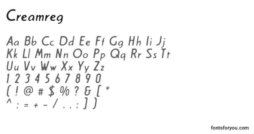 Czcionka Creamreg – alfabet, cyfry, specjalne znaki