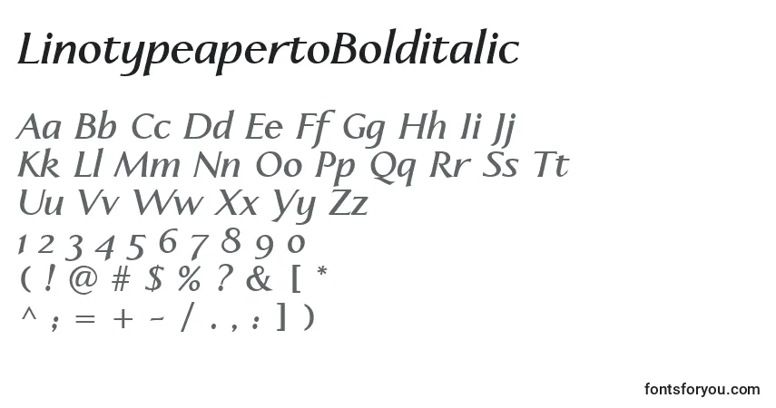 Czcionka LinotypeapertoBolditalic – alfabet, cyfry, specjalne znaki
