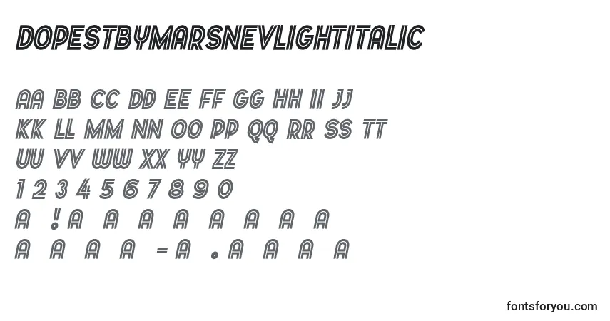 Шрифт Dopestbymarsnevlightitalic – алфавит, цифры, специальные символы