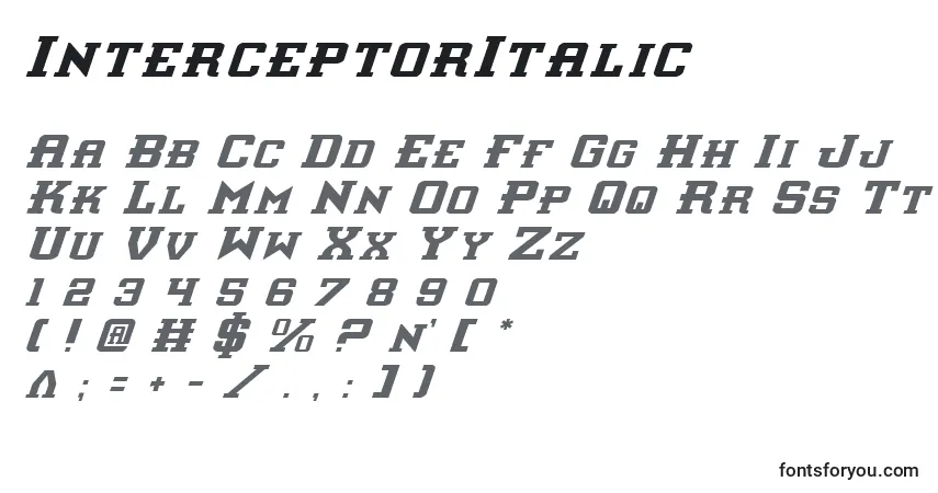 Шрифт InterceptorItalic – алфавит, цифры, специальные символы