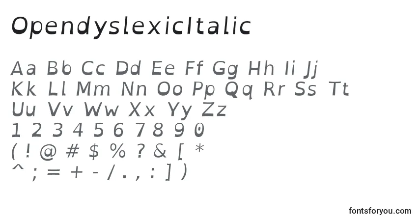 Schriftart OpendyslexicItalic – Alphabet, Zahlen, spezielle Symbole