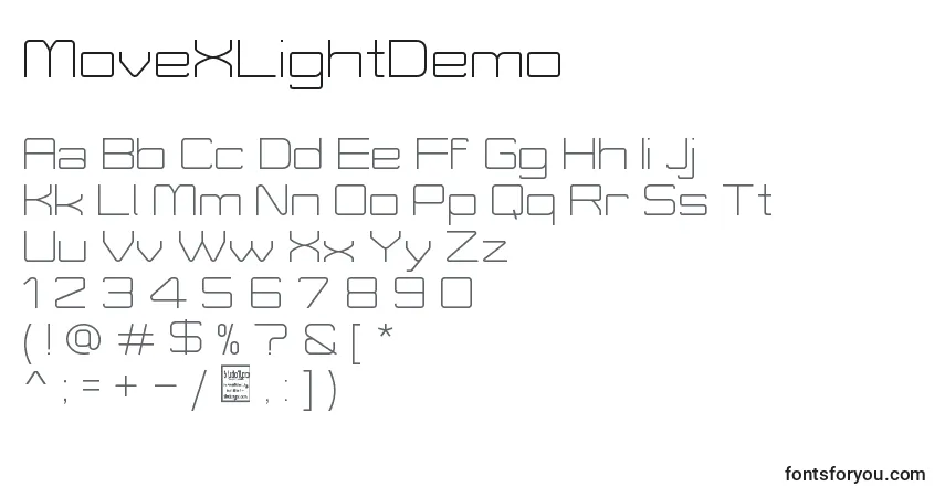 Czcionka MoveXLightDemo – alfabet, cyfry, specjalne znaki