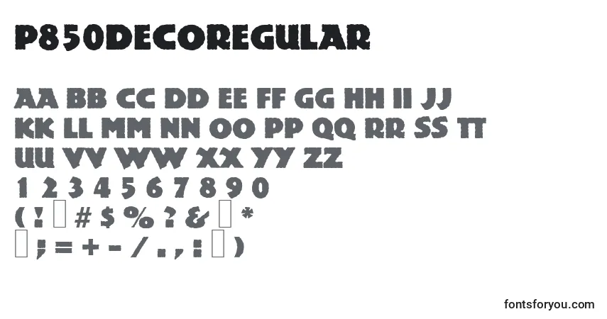 Czcionka P850DecoRegular – alfabet, cyfry, specjalne znaki
