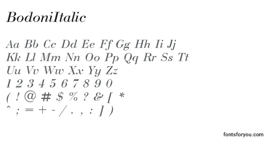 A fonte BodoniItalic – alfabeto, números, caracteres especiais