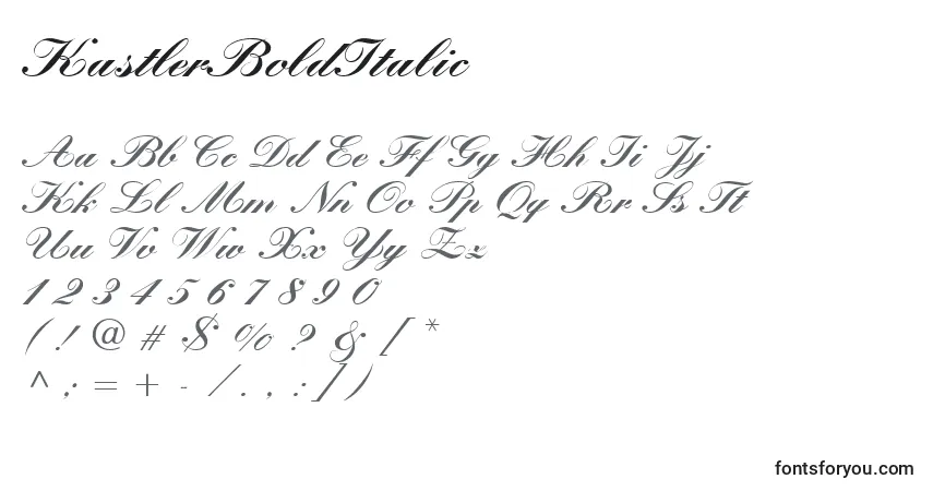 Czcionka KastlerBoldItalic – alfabet, cyfry, specjalne znaki
