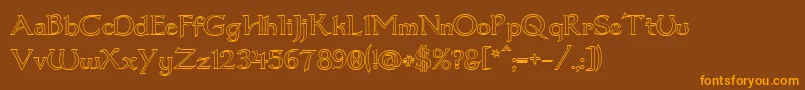 フォントDum1out – オレンジ色の文字が茶色の背景にあります。