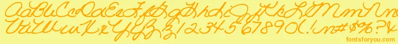 DjbRoomMotherScript-Schriftart – Orangefarbene Schriften auf gelbem Hintergrund