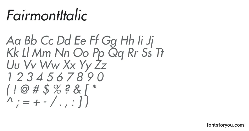 Czcionka FairmontItalic – alfabet, cyfry, specjalne znaki