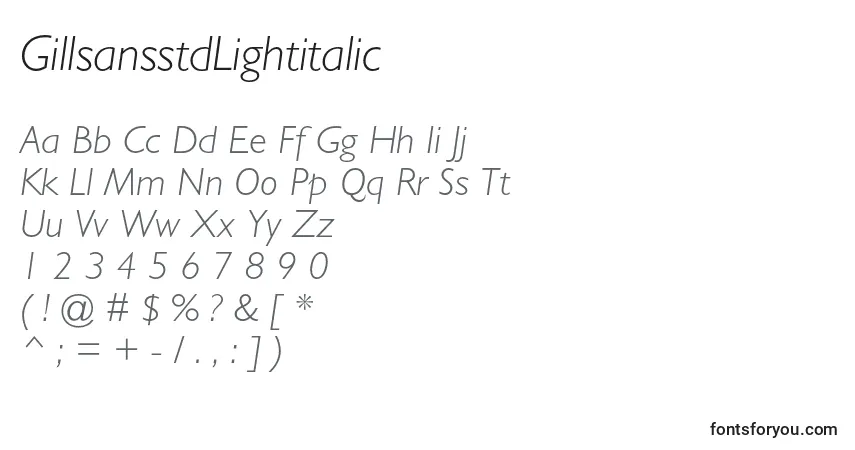 Czcionka GillsansstdLightitalic – alfabet, cyfry, specjalne znaki