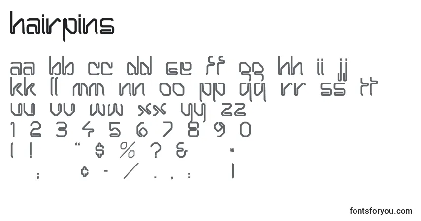 Czcionka Hairpins – alfabet, cyfry, specjalne znaki