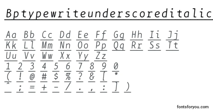 Czcionka Bptypewriteunderscoreditalics – alfabet, cyfry, specjalne znaki