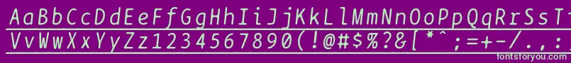 Bptypewriteunderscoreditalics-fontti – vihreät fontit violetilla taustalla