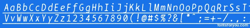 Bptypewriteunderscoreditalics-fontti – valkoiset fontit sinisellä taustalla