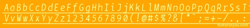 Bptypewriteunderscoreditalics-fontti – keltaiset fontit oranssilla taustalla