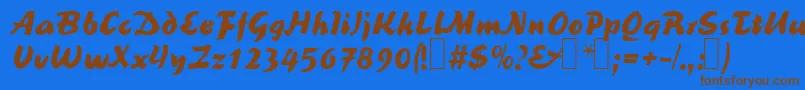 フォントR691ScriptBold – 茶色の文字が青い背景にあります。