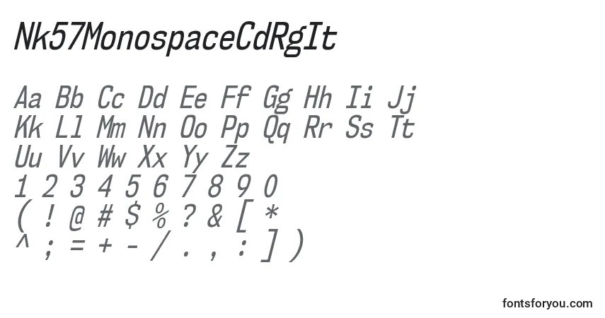 Czcionka Nk57MonospaceCdRgIt – alfabet, cyfry, specjalne znaki