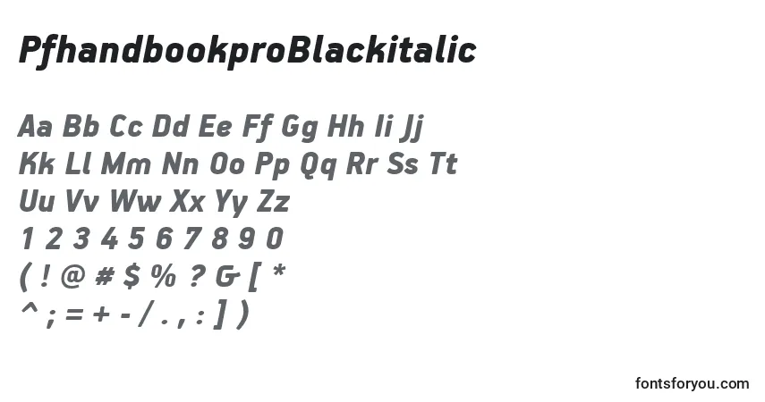 A fonte PfhandbookproBlackitalic – alfabeto, números, caracteres especiais