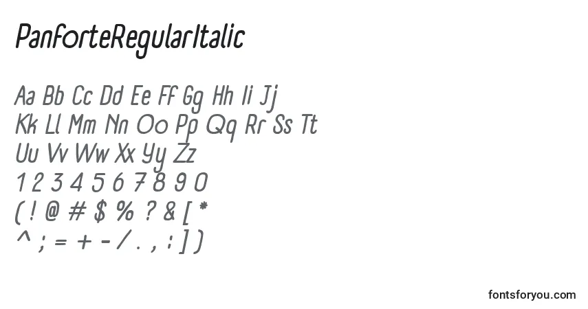 Schriftart PanforteRegularItalic – Alphabet, Zahlen, spezielle Symbole