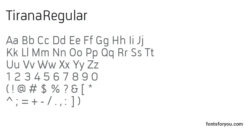 Czcionka TiranaRegular – alfabet, cyfry, specjalne znaki