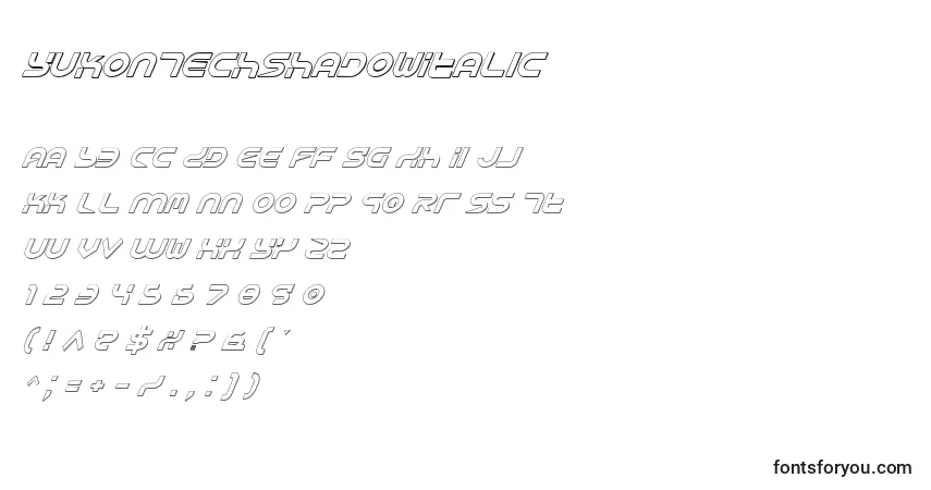YukonTechShadowItalic-fontti – aakkoset, numerot, erikoismerkit