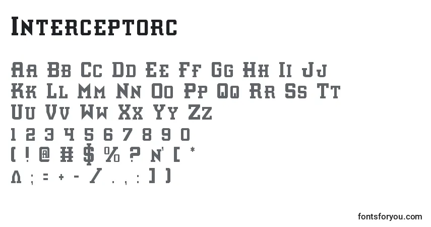 Czcionka Interceptorc – alfabet, cyfry, specjalne znaki