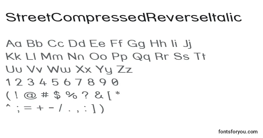 Schriftart StreetCompressedReverseItalic – Alphabet, Zahlen, spezielle Symbole