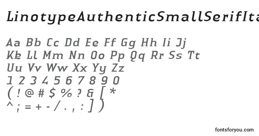 A fonte LinotypeAuthenticSmallSerifItalic – alfabeto, números, caracteres especiais