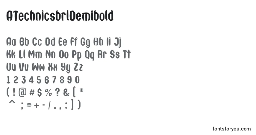 A fonte ATechnicsbrlDemibold – alfabeto, números, caracteres especiais