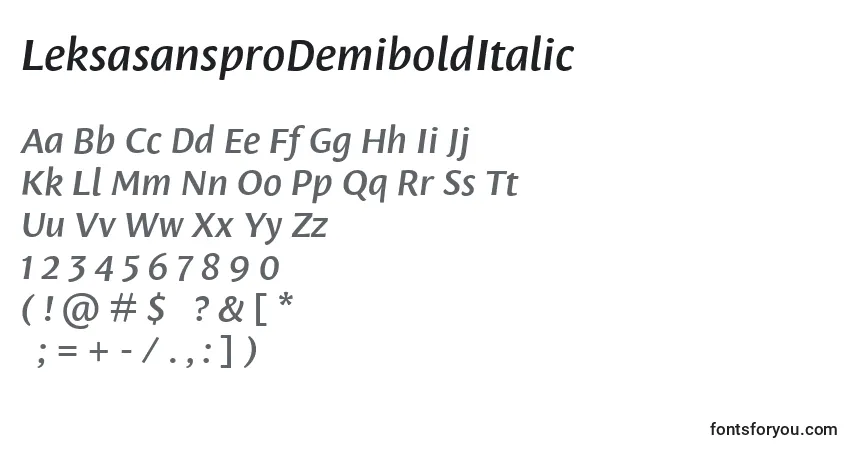 Шрифт LeksasansproDemiboldItalic – алфавит, цифры, специальные символы