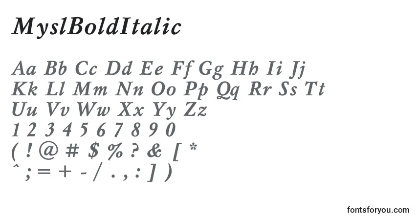 A fonte MyslBoldItalic – alfabeto, números, caracteres especiais