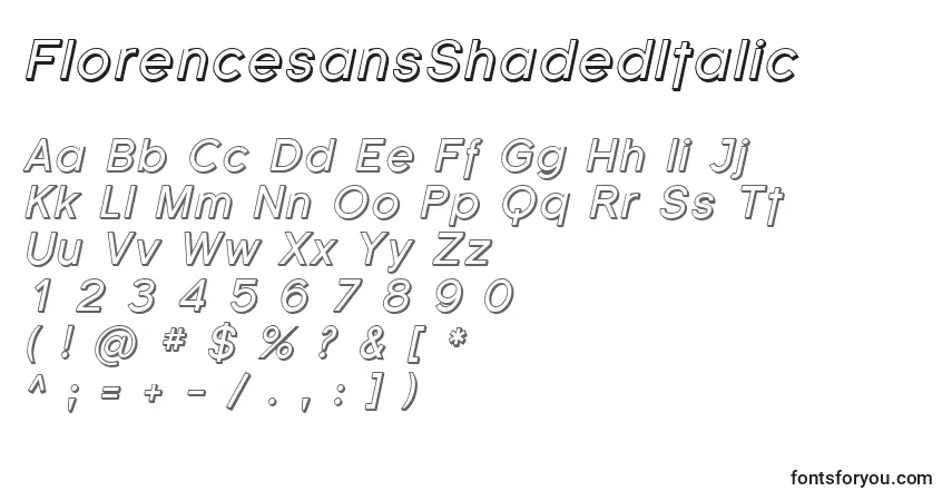 Czcionka FlorencesansShadedItalic – alfabet, cyfry, specjalne znaki