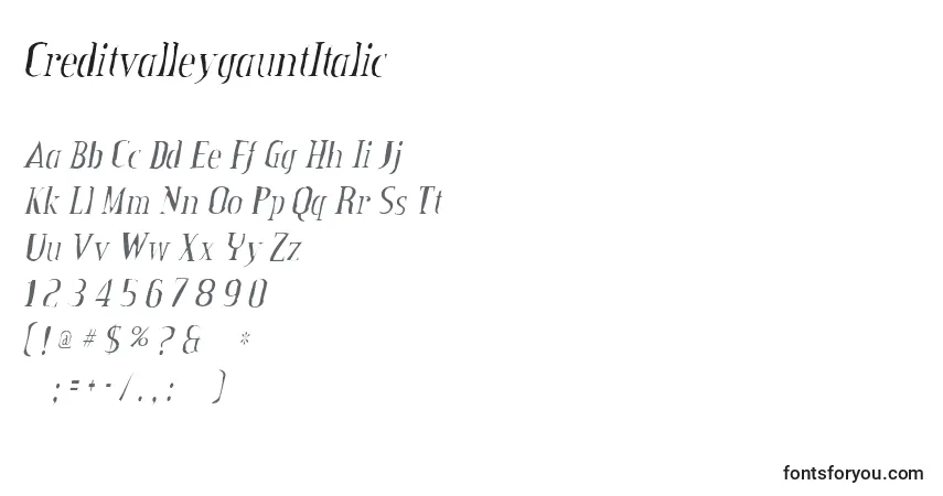 Czcionka CreditvalleygauntItalic – alfabet, cyfry, specjalne znaki