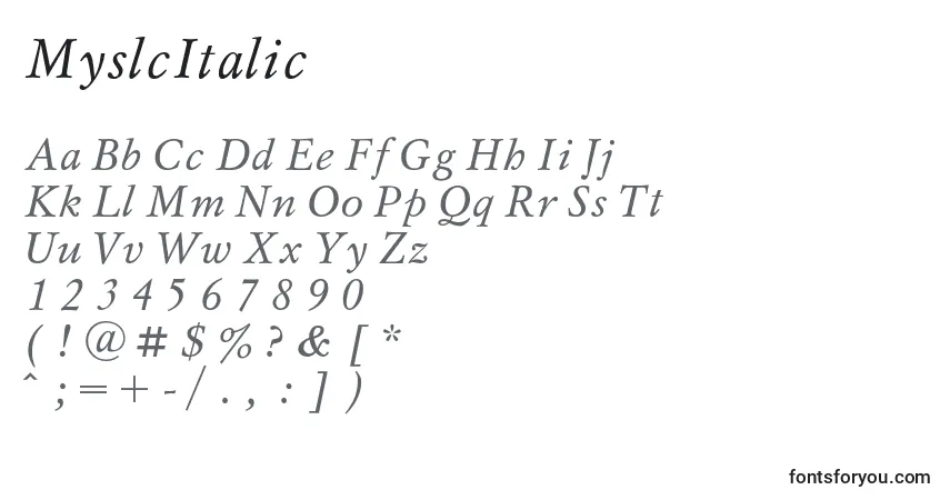 A fonte MyslcItalic – alfabeto, números, caracteres especiais