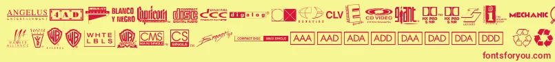 Warnerlogofontnine-Schriftart – Rote Schriften auf gelbem Hintergrund