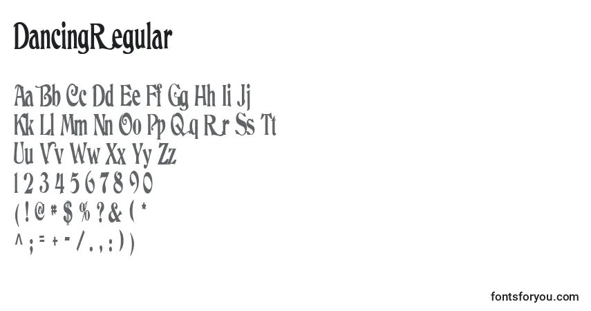 Czcionka DancingRegular – alfabet, cyfry, specjalne znaki