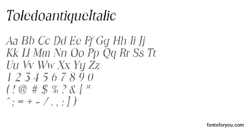 Schriftart ToledoantiqueItalic – Alphabet, Zahlen, spezielle Symbole
