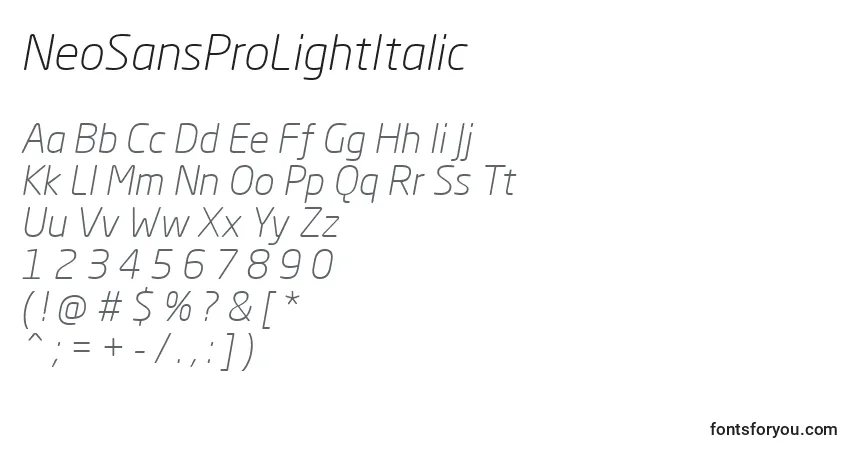 NeoSansProLightItalic Font – alphabet, numbers, special characters