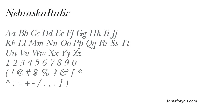 Шрифт NebraskaItalic – алфавит, цифры, специальные символы