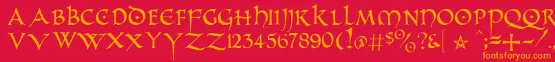 フォントPrUncialAltCaps – 赤い背景にオレンジの文字