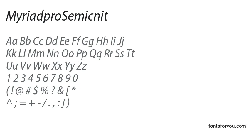 MyriadproSemicnit-fontti – aakkoset, numerot, erikoismerkit