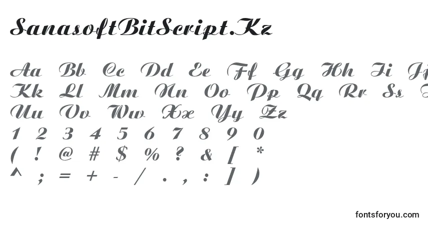 A fonte SanasoftBitScript.Kz – alfabeto, números, caracteres especiais